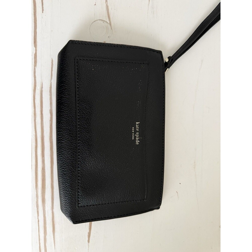 ✿ Kate Spade Black Pebbled Leather Zip Wristlet Wallet New York Gold Logo